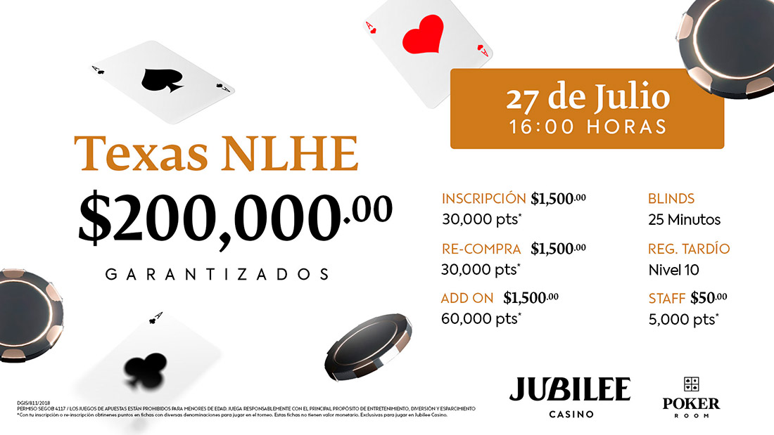  Torneo Texas NLHE con $200,000 pesos garantizados